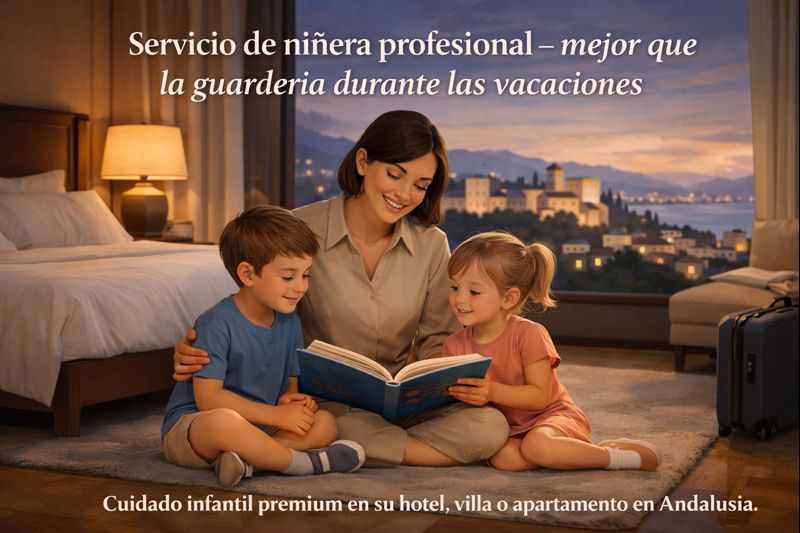 Niñera con 2 niños leyendo en la habitación de un hotel en Andalucía